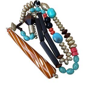 Chicos Multicolor Beaded Necklace With Wood & Resin Accents Gold-Tone Boho Gypsy